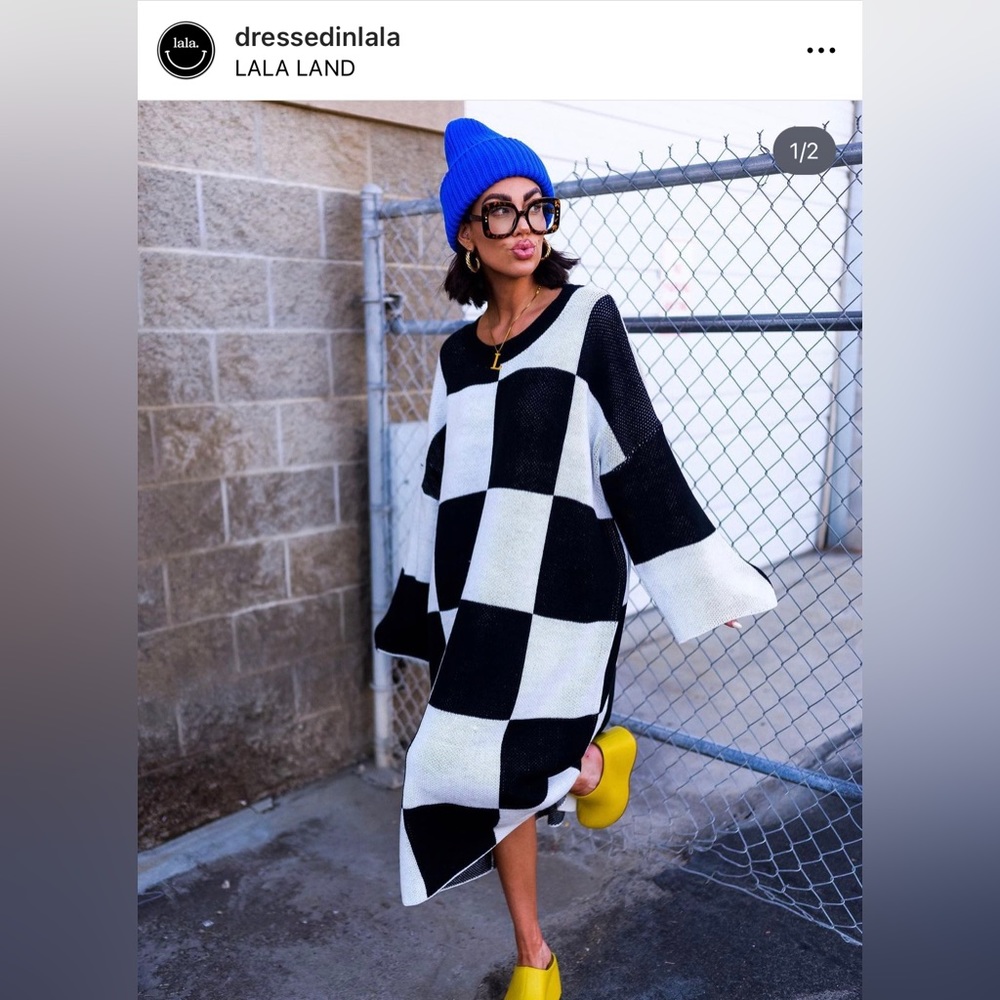 Dresses in La La Check Print Oversized Knit Dress